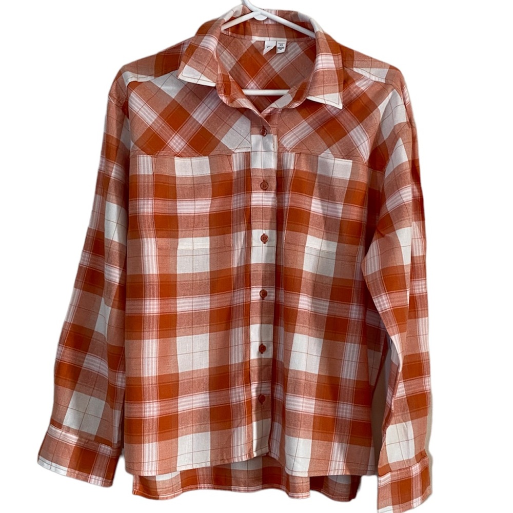 BP Women Orange Plaid Button Down Hi-Low Long Sleeve Shirt Size XS